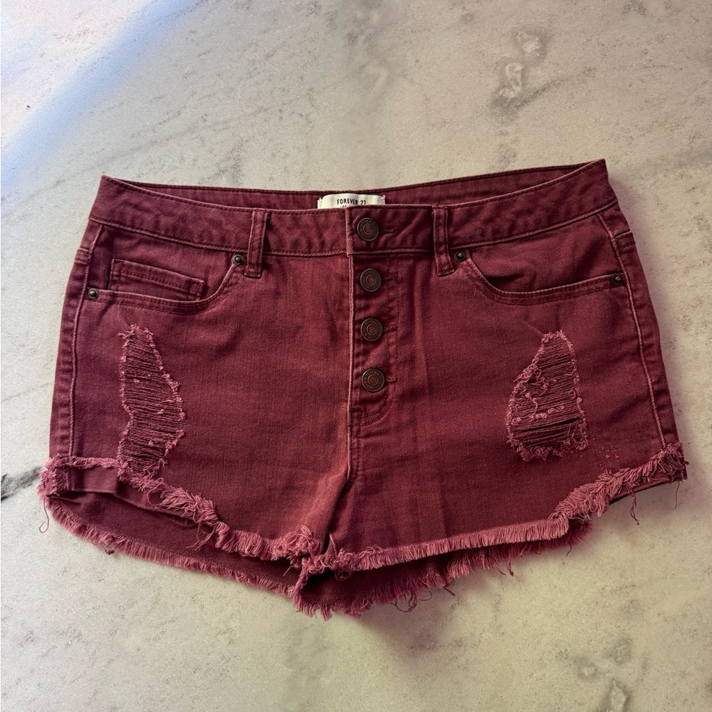 Forever 21 Red Jean Shorts Distressed Cut-Off Style